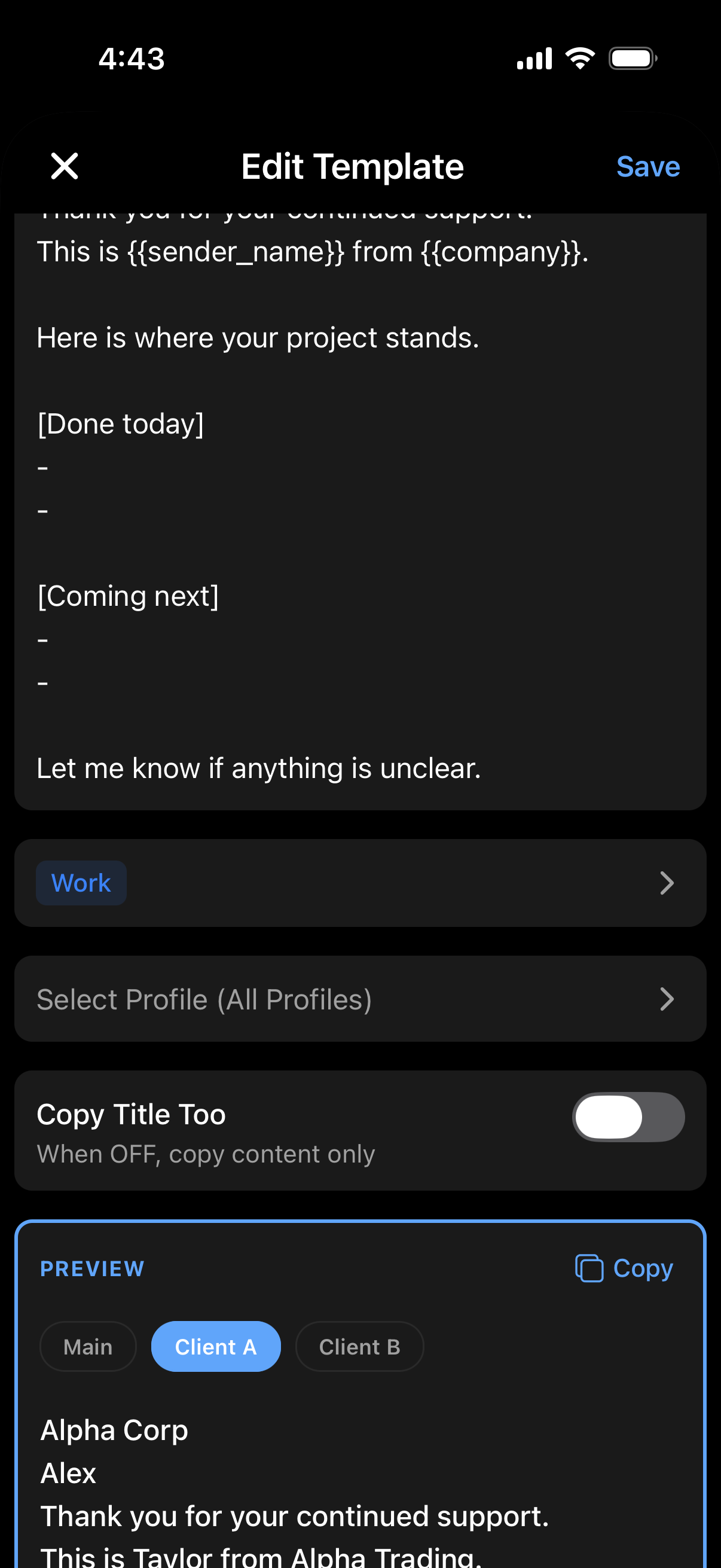 A template that uses custom variables