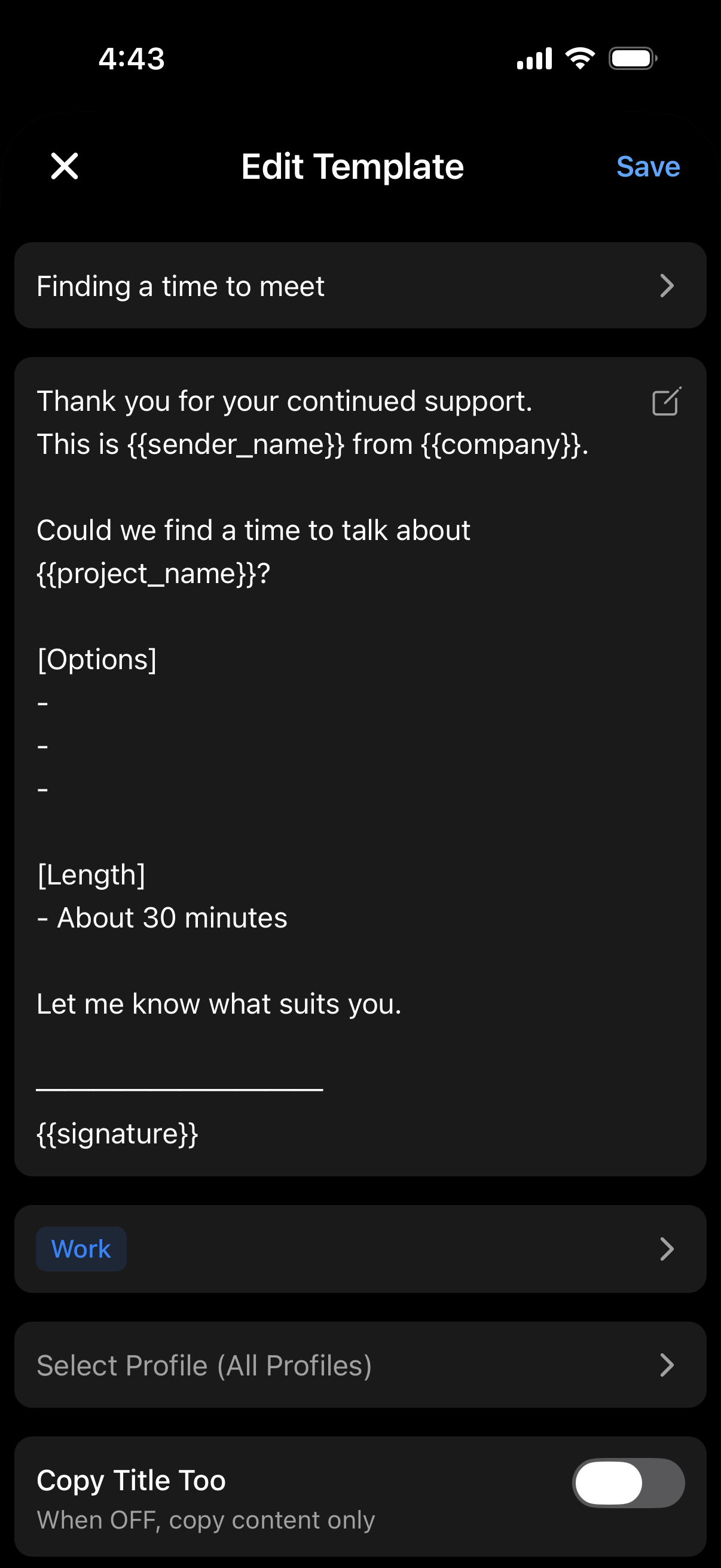 The template editor screen